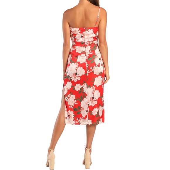 LULUS TRUELY DARLING RED FLORAL PRINT SATIN ONE-SHOULDER MIDI DRESS SZ S - Picture 3 of 12